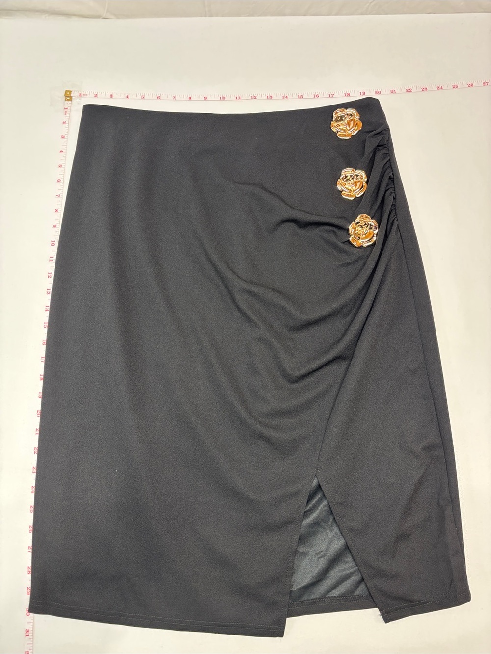 Black Pencil Skirt with Rusched Side Gold Floral detail 217 stretch work trendy